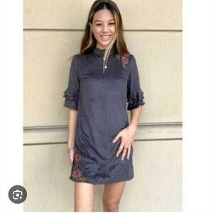 THML Gray Faux Suede Boho Dress with Floral Embroidery Medium